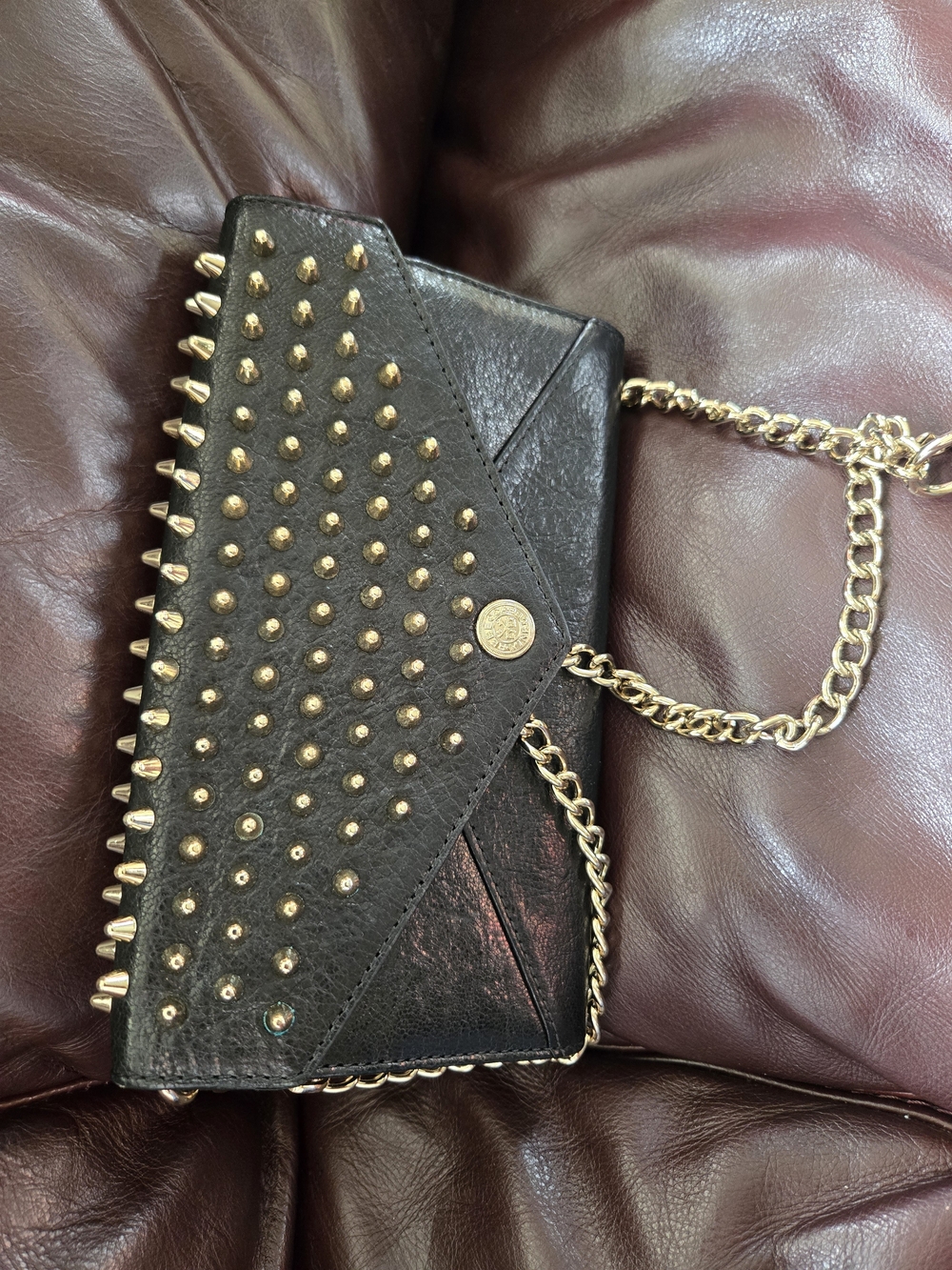 Rebecca Minkoff Black Leather Studded Chain Crossbody with Gold Hardware